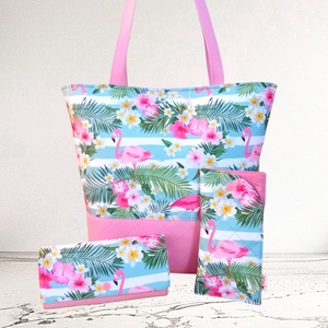 MAXI válltáska szett nagy pakolós női táska pénztárca szemüvegtok flamingó mintás 40x35 cm, Táska & Tok, Táska szett, Varrás, MESKA