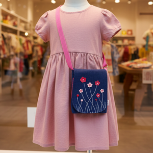 Gyerek farmer oldaltáska - rózsaszínű-pink virágok - táska & tok - kézitáska & válltáska - vállon átvethető táska - Meska.hu