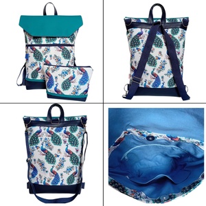 4in1 univerzális hátitáska oldaltáska páva mintás kék 30x35 cm - táska & tok - variálható táska - Meska.hu