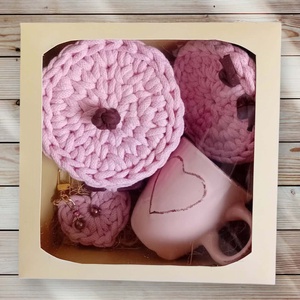 Horgolt bögrés ajándékszett, rózsaszín - otthon & életmód - tárolás & rendszerezés - tárolókosár - Meska.hu