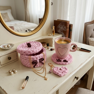 Horgolt bögrés ajándékszett, rózsaszín - otthon & életmód - tárolás & rendszerezés - tárolókosár - Meska.hu