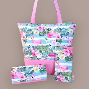 MAXI válltáska szett nagy pakolós női táska pénztárca szemüvegtok flamingó mintás 40x35 cm, Táska & Tok, Táska szett, Varrás, MESKA