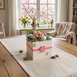 Tavaszi, nyári, ünnepi asztaldísz - kék és rózsaszínű virágokkal, őzikével I. - otthon & életmód - virágdekoráció - virágdíszek - asztali virágdísz - Meska.hu