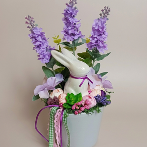 Tavaszi, nyári, húsvéti asztaldísz - levendulás, nyuszis, Ünnepi díszek, dekorációk, Húsvéti díszek és dekorációk, Húsvéti virágos díszek, Mindenmás, Virágkötés, MESKA