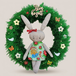 Húsvéti, tavaszi, nyári ajtódísz, kopogtató - nyuszika a réten, Ünnepi díszek, dekorációk, Húsvéti díszek és dekorációk, Húsvéti ajtódísz, kopogtató, Virágkötés, Varrás, MESKA