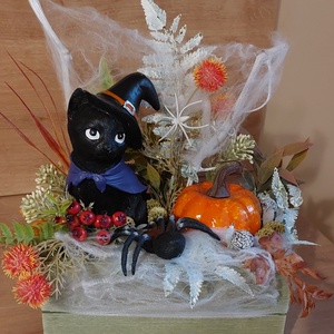 Halloween-dísz faboxban fekete macskával - otthon & életmód - dekoráció - halloween - halloweeni asztaldísz - Meska.hu