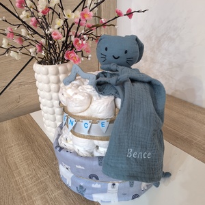 K�k, natúr stílusú, egyedi pelenkatorta névvel � babalátogató ajándék (2 szintes) - Meska.hu