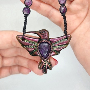 Kolibri amulett Ametiszt ásvánnyal  - ékszer - nyaklánc - medálos nyaklánc - Meska.hu
