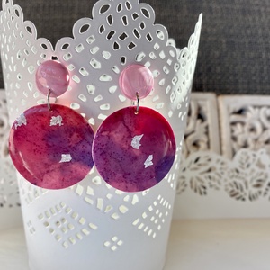 Pink-rózsaszín,ezüst pelyhes kerek fülbevaló, Ékszer, Fülbevaló, Lógós kerek fülbevaló, Gyurma, MESKA