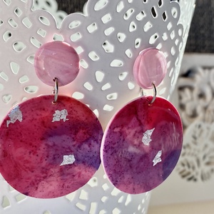 Pink-rózsaszín,ezüst pelyhes kerek fülbevaló - ékszer - fülbevaló - lógós kerek fülbevaló - Meska.hu