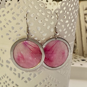 Pink muskátli-kerek műgyanta,nemesacél fülbevaló - ékszer - fülbevaló - lógó fülbevaló - Meska.hu