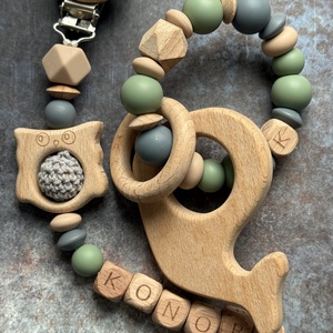 BABABOX #02 Csörgő rágóka  és cumilánc Zsálya - Karamell - Antracit, Baba - mama, Baba játékok, Rágóka, Csomózás, Gyöngyfűzés, gyöngyhímzés, MESKA