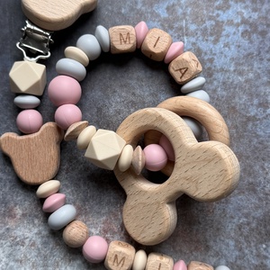 BABABOX #09 Csörgő rágóka  és cumilánc Bézs - koala szürke - mályva, Baba - mama, Baba játékok, Rágóka, Csomózás, Gyöngyfűzés, gyöngyhímzés, MESKA