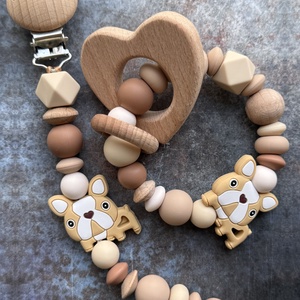 BABABOX készletről barna bézs francia buldog csörgő rágóka és cumilánc, Baba - mama, Baba játékok, Rágóka, Csomózás, Gyöngyfűzés, gyöngyhímzés, MESKA