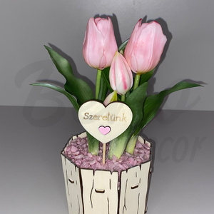 Lézervágott fa kaspó tulipánnal - világos rózsaszín, Otthon & Életmód, Dekoráció, Virágdísz és tartó, Csokor & Virágdísz, Gravírozás, pirográfia, MESKA