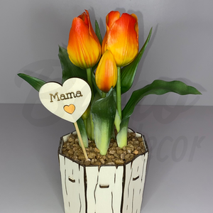 Lézervágott fa kaspó tulipánnal - narancssárga, Otthon & Életmód, Dekoráció, Virágdísz és tartó, Csokor & Virágdísz, Gravírozás, pirográfia, MESKA