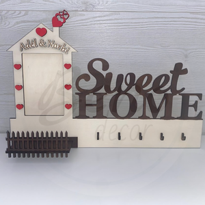 Személyre szabható Sweet Home fali kulcstartó - fényképtartóval és névvel gravírozva - Meska.hu