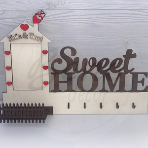 Személyre szabható Sweet Home fali kulcstartó - fényképtartóval és névvel gravírozva - otthon & életmód - dekoráció - fali és függő dekoráció - fali kulcstartó - Meska.hu