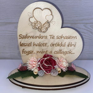 Kegyeleti szív dísz  Számunkra Te sohasem leszel halott felirattal, bordó rózsával, Otthon & Életmód, Vallás, Temetkezési tárgy, Sírdísz, kegyeleti dísz, Gravírozás, pirográfia, MESKA