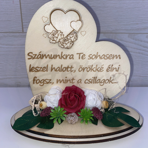 Kegyeleti szív dísz  Számunkra Te sohasem leszel halott felirattal, bordó és fehér rózsákkal - Meska.hu