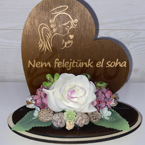 Kegyeleti szív dísz  Nem felejtünk el soha angyalmotívummal, fehér rózsával - Meska.hu