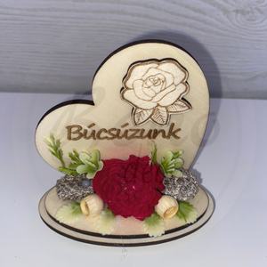 Szív alakú Búcsúzunk fa emlékdísz magenta virággal, Otthon & Életmód, Vallás, Temetkezési tárgy, Sírdísz, kegyeleti dísz, Gravírozás, pirográfia, MESKA