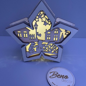 Világító karácsonyi csillag � téli falu mintával, Karácsony, Karácsonyi lakásdekoráció, Karácsonyi fénydekoráció, Gravírozás, pirográfia, MESKA