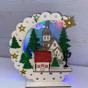 Karácsonyi falu templommal  csillogó, világító dísz, Karácsony, Karácsonyi lakásdekoráció, Karácsonyi lakásdíszek, Gravírozás, pirográfia, MESKA