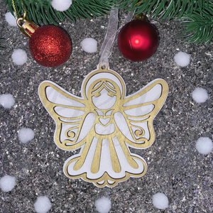 Fából készült arany-fehér angyal karácsonyfadísz, Karácsony, Karácsonyi lakásdekoráció, Karácsonyfadíszek, Gravírozás, pirográfia, MESKA