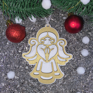 Arany-fehér szárnyas angyal karácsonyfadísz, Karácsony, Karácsonyi lakásdekoráció, Karácsonyfadíszek, Gravírozás, pirográfia, MESKA