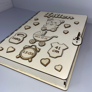 Egyedi fa babaemlék doboz  személyre szabható, Otthon & Életmód, Papír, írószer, Babanapló, Gravírozás, pirográfia, MESKA