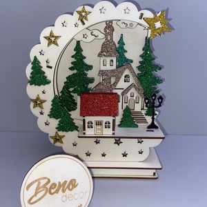 Karácsonyi falu templommal � csillogó, világító dísz - karácsony - karácsonyi lakásdekoráció - karácsonyi lakásdíszek - Meska.hu