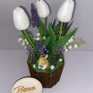 Húsvéti tavaszi asztaldísz nyuszival - otthon & életmód - virágdekoráció - virágdíszek - virágdísz kaspóban - Meska.hu