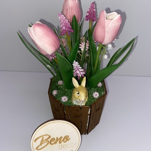 Húsvéti tavaszi asztaldísz nyuszival - otthon & életmód - virágdekoráció - virágdíszek - virágdísz kaspóban - Meska.hu