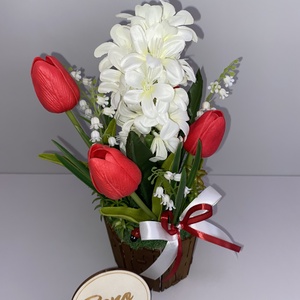 Tavaszi virágkompozíció kaspóban � fehér jácintos tulipános dekoráció - otthon & életmód - virágdekoráció - virágdíszek - virágdísz kaspóban - Meska.hu