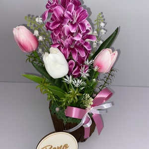 Tavaszi virágkompozíció kaspóban � pink jácintos tulipános dekoráció - otthon & életmód - virágdekoráció - virágdíszek - virágdísz kaspóban - Meska.hu