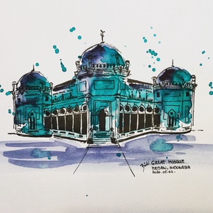 Great Mosque, Medan, Indonesia, Művészet, Festmény, Akvarell, Festészet, MESKA