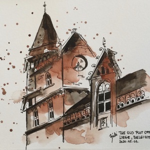 The Old Post Office Liege, Belgium, Művészet, Festmény, Akvarell, Festészet, MESKA