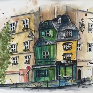 Odette Cafe, Paris, Művészet, Akvarell, Festmény, Festészet, MESKA