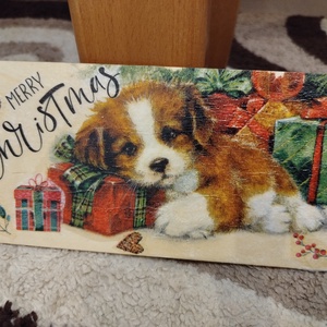 Karácsonyi kutyusos ajtódísz, Karácsony, Adventi díszek, Adventi ajtódísz, Decoupage, transzfer és szalvétatechnika, MESKA