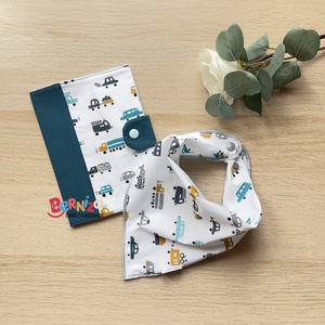 Fehér autós egészségügyi könyv borító - nyálkendő szett, Baba - mama, Babaemlékek, Egészségügyi kiskönyv borító, Varrás, MESKA