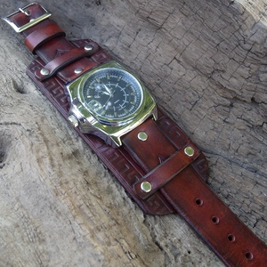 Férfi marhabőr óraszíj, Görög mintás óraszíj férfiaknak, Kézműves óraszíj - ékszer - karóra és ékszeróra - óraszíj - Meska.hu