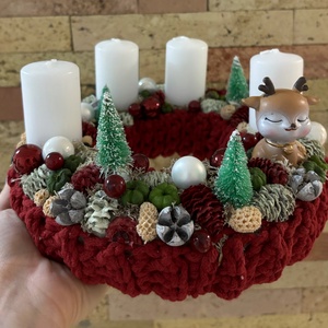 Bordó őzikés adventi asztaldísz, Karácsony, Adventi díszek, Adventi asztaldísz, Horgolás, Virágkötés, MESKA