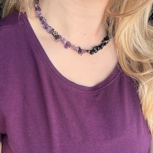 Ametiszt�Obszidián ásvány nyaklánc virág díszekkel � elegáns kézműves női ékszer - ékszer - nyaklánc - gyöngyös nyaklánc - Meska.hu