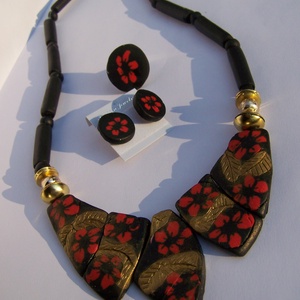 Desigual mintás nyaklánc-gyűrű-fülbevaló szett, fekete-piros-arany -  - Meska.hu