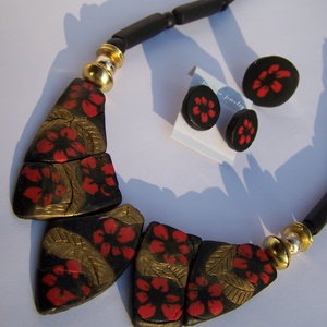 Desigual mintás nyaklánc-gyűrű-fülbevaló szett, fekete-piros-arany -  - Meska.hu