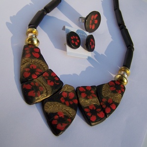 Desigual mintás nyaklánc-gyűrű-fülbevaló szett, fekete-piros-arany -  - Meska.hu