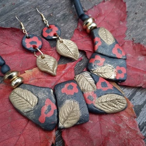 Desigual ihletésű millefiori nyaklánc és fülbevaló szett fekete, piros, arany - ékszer - ékszerszett - Meska.hu