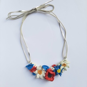 Bővített mezei csokor nyakék ezüst bőrszálon, Ékszer, Nyaklánc, Statement nyaklánc, Ékszerkészítés, Gyurma, MESKA