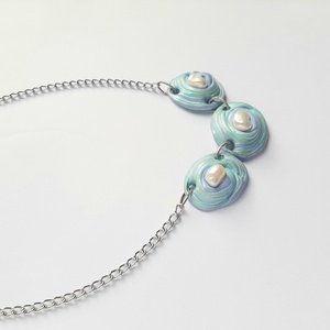 Ovális három korongos lánc tenyésztett gyönggyel - türkíz - ékszer - nyaklánc - statement nyaklánc - Meska.hu